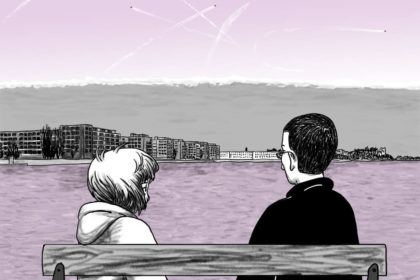 Die Stadtkönigin beobachtet mit einem Freund Kondensstreifen, die wie Kometen aussehen, und eine Wolke, die wie ein Tsunami am Horizont aussieht