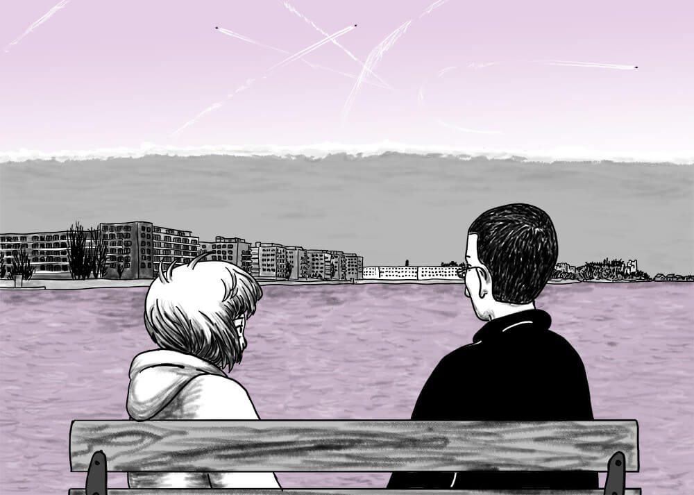 Die Stadtkönigin beobachtet mit einem Freund Kondensstreifen, die wie Kometen aussehen, und eine Wolke, die wie ein Tsunami am Horizont aussieht