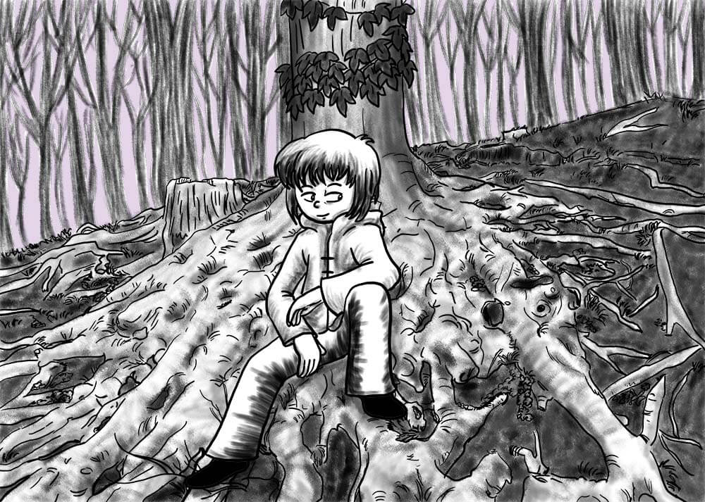 Zeichnung der Stadtkönigin beim Waldbaden auf einer Wurzel, die selbst eine kleine Landschaft erzeugt