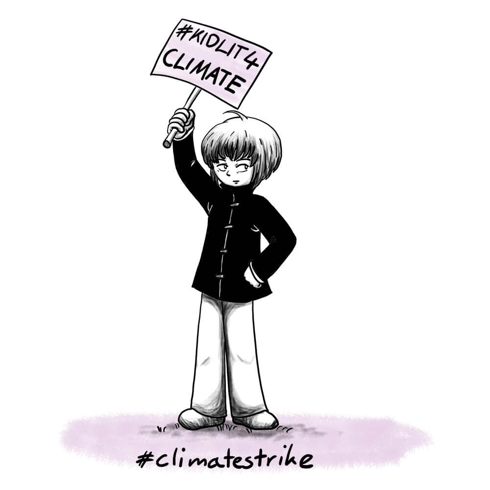 Zeichnung der Stadtkönigin, die ein Schild mit #kidlit4climate hochhält. Sie nimmt am Klimatreik teil