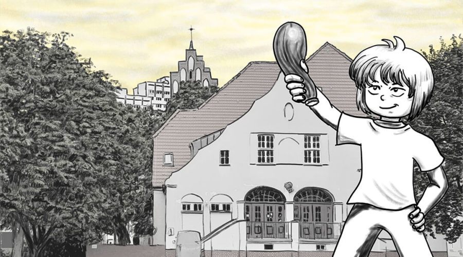 Zeichnung der Stadtkönigin, die sich mit einer Zucchini bewaffnet ins Abenteuer Marzahn stürzt. Im Hintergrund Kirche und Plattenbau vereint.