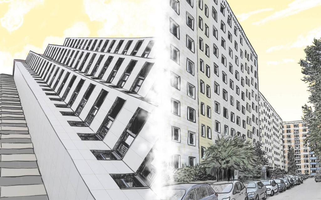 Zeichnungen von Hochhäusern in der Gropiusstadt und im Salvador-Allende-Viertel in Berlin